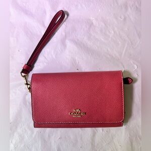 Coach Hot Pink Leather Wristlet Wallet with Gold Logo